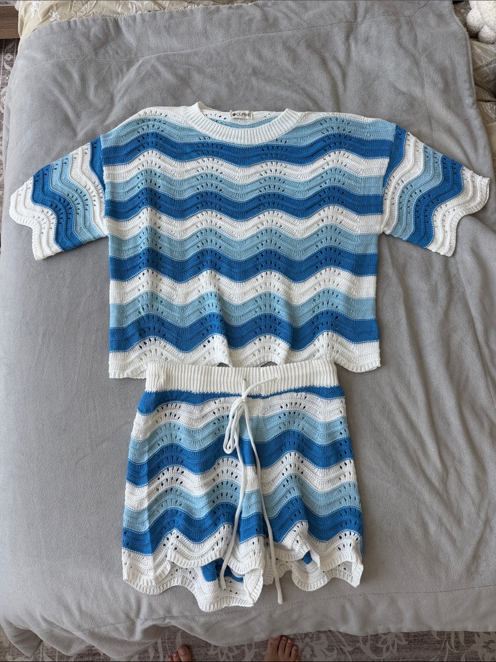 Cupshe Blue & White Striped Crochet Short Sleeve Top and Shorts Set